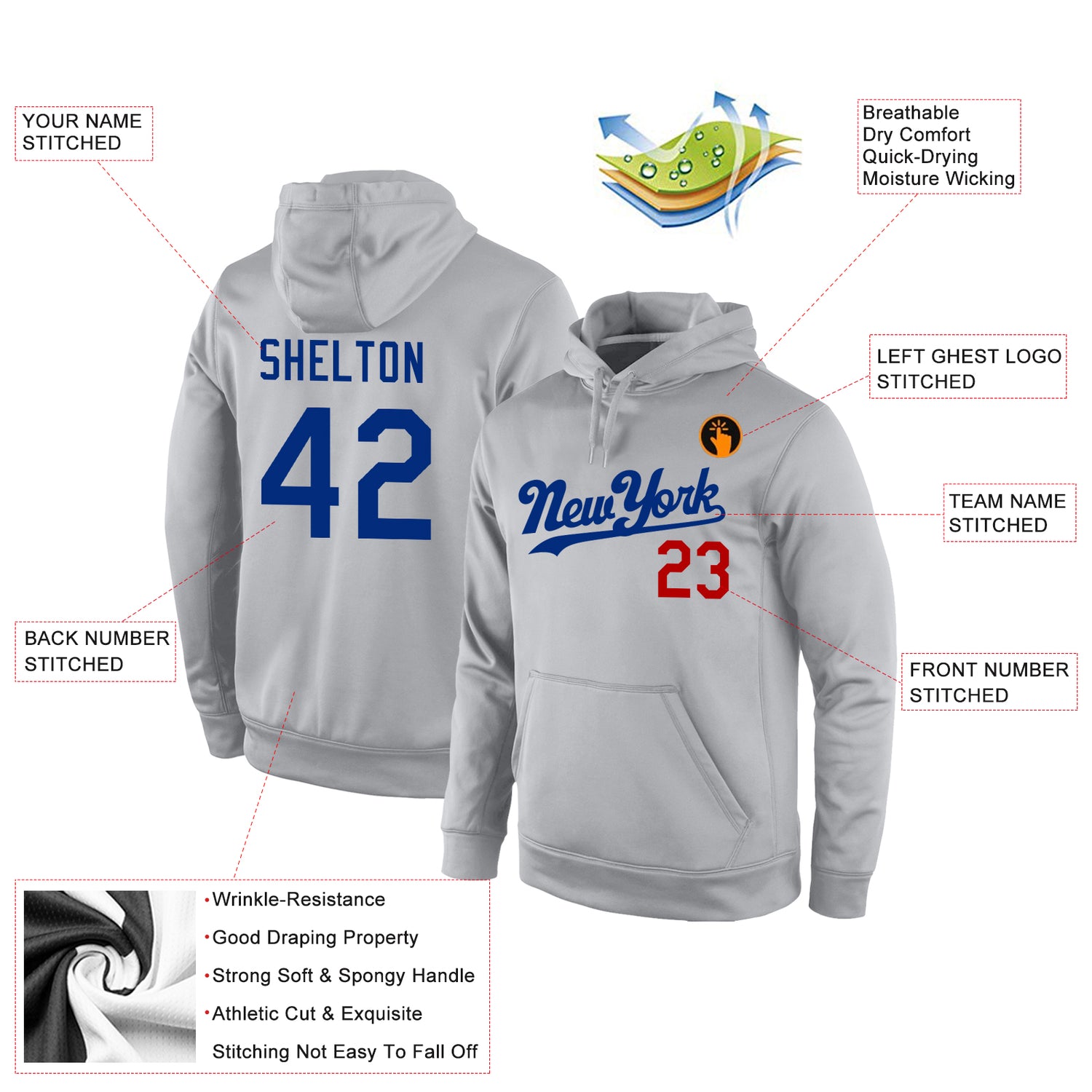 Custom Stitched Gray Royal-Red Sports Pullover Sweatshirt Hoodie - Image 4