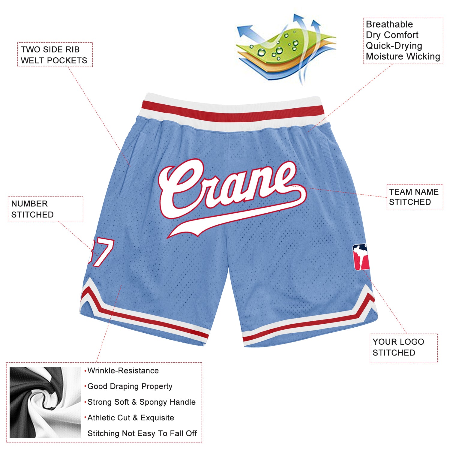 Custom Light Blue White-Red Authentic Throwback Shorts - Image 2