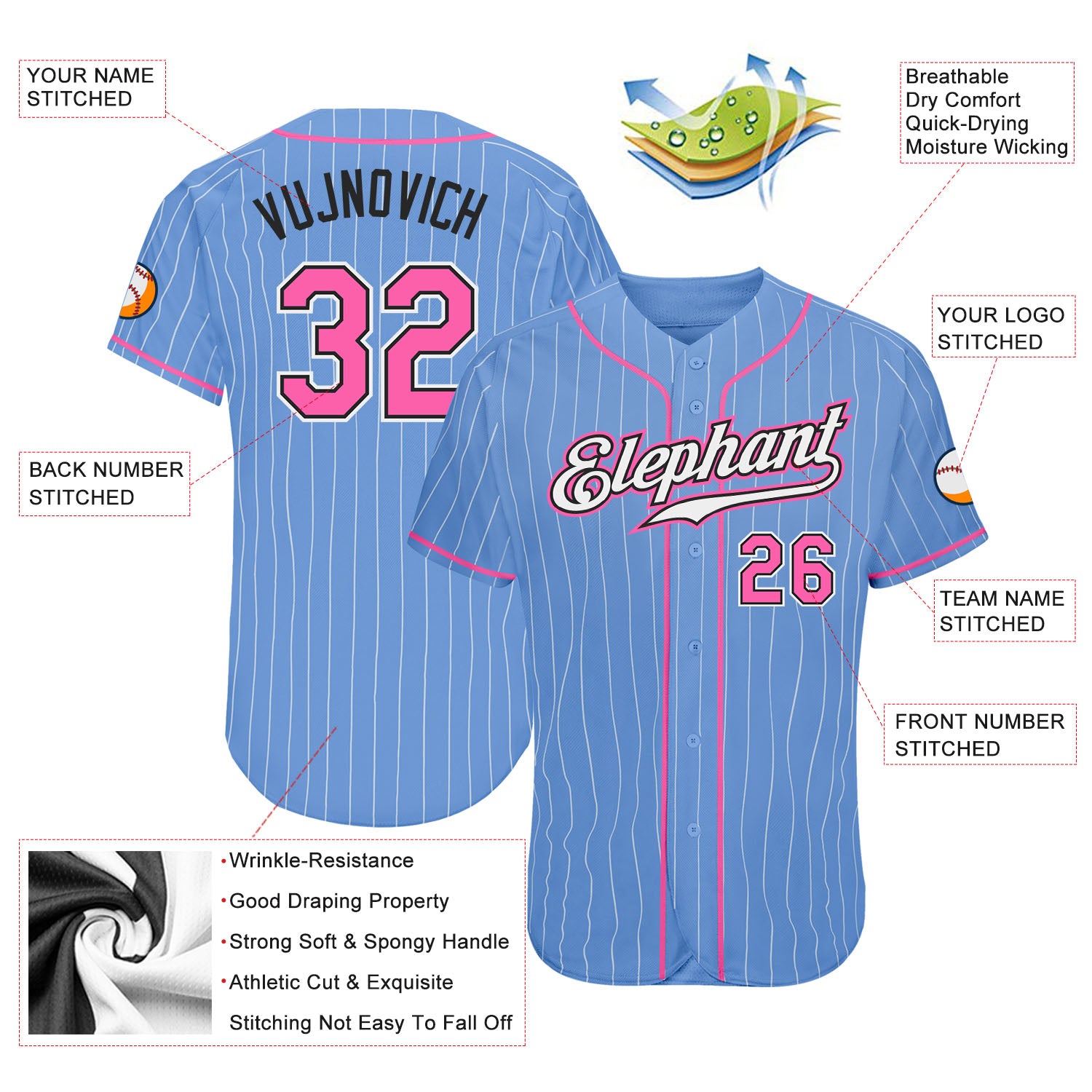 Custom Light Blue White Pinstripe Pink-Black Authentic Jersey - Image 3