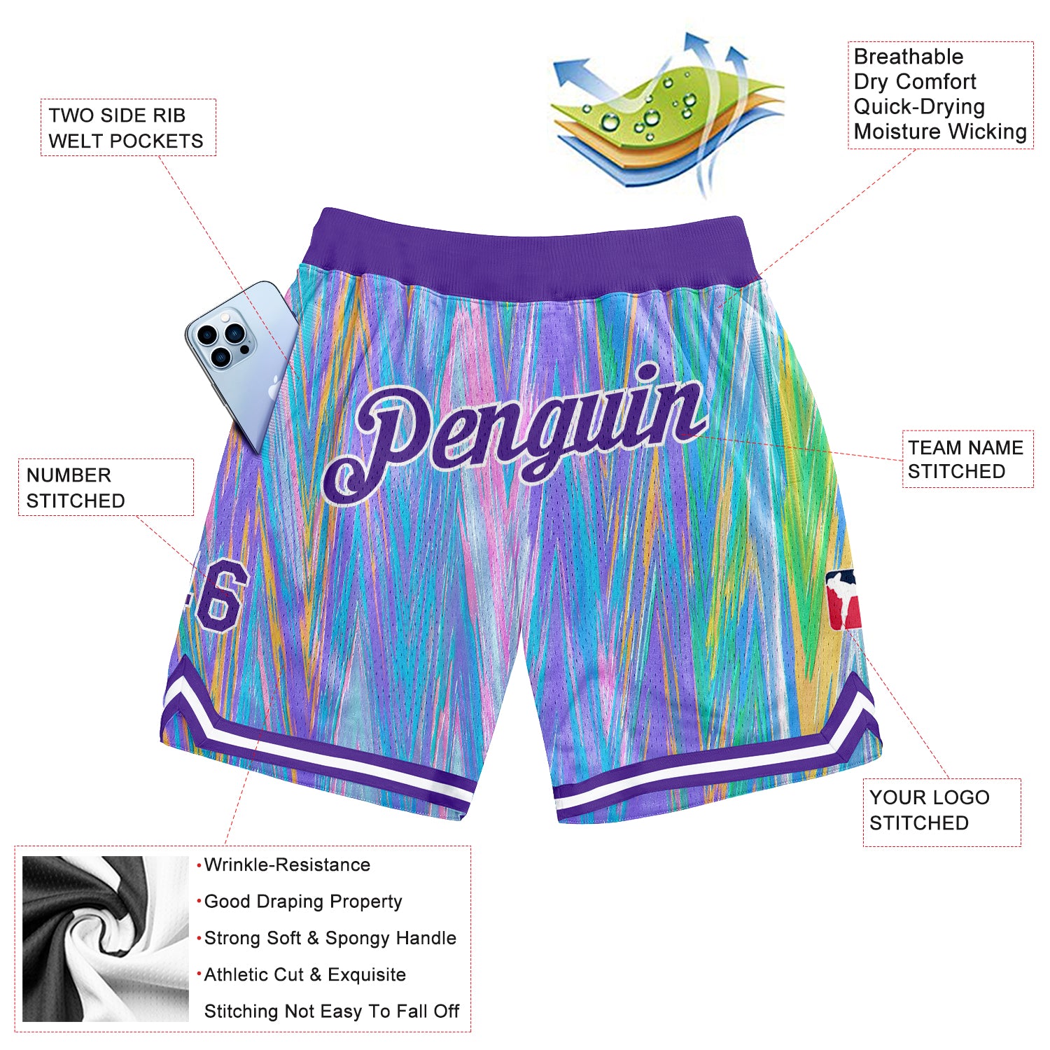 Custom Light Blue Purple-White 3D Pattern Design Zigzag Color Authentic Shorts - Image 2