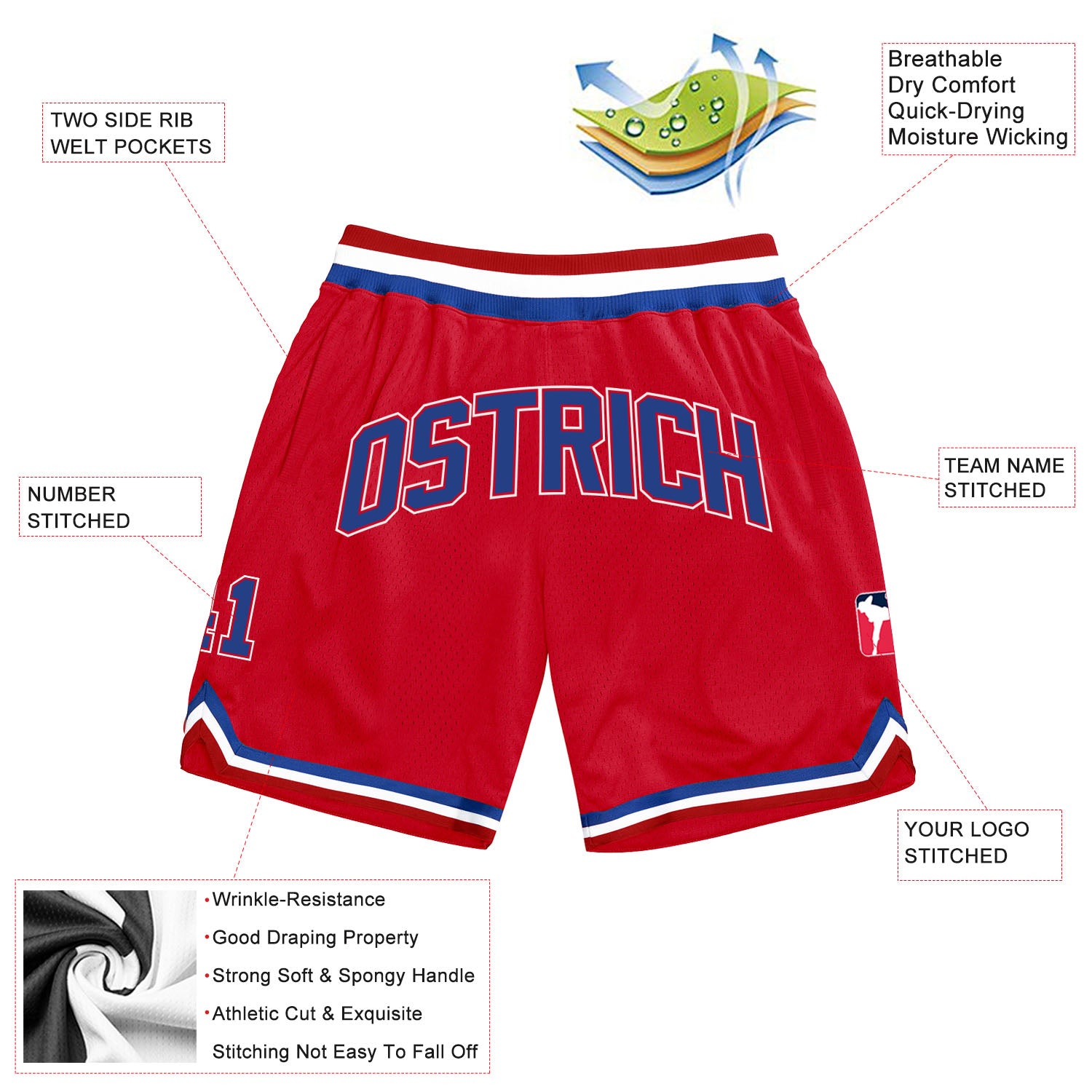 Custom Red Royal-White Authentic Throwback Shorts - Image 2