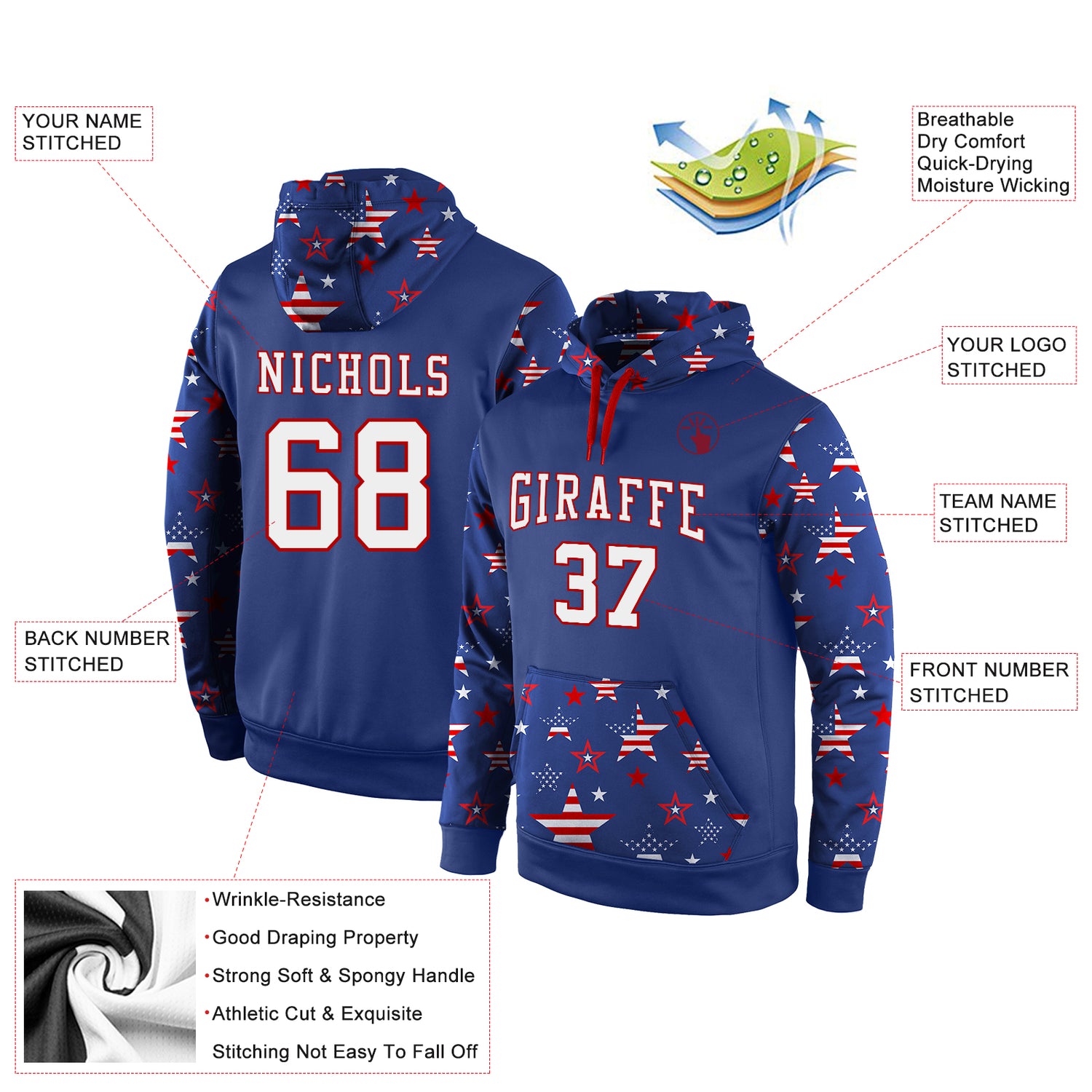 Custom Stitched Royal White-Red 3D American Flag Fashion Sports Pullover Sweatshirt Hoodie - Image 2