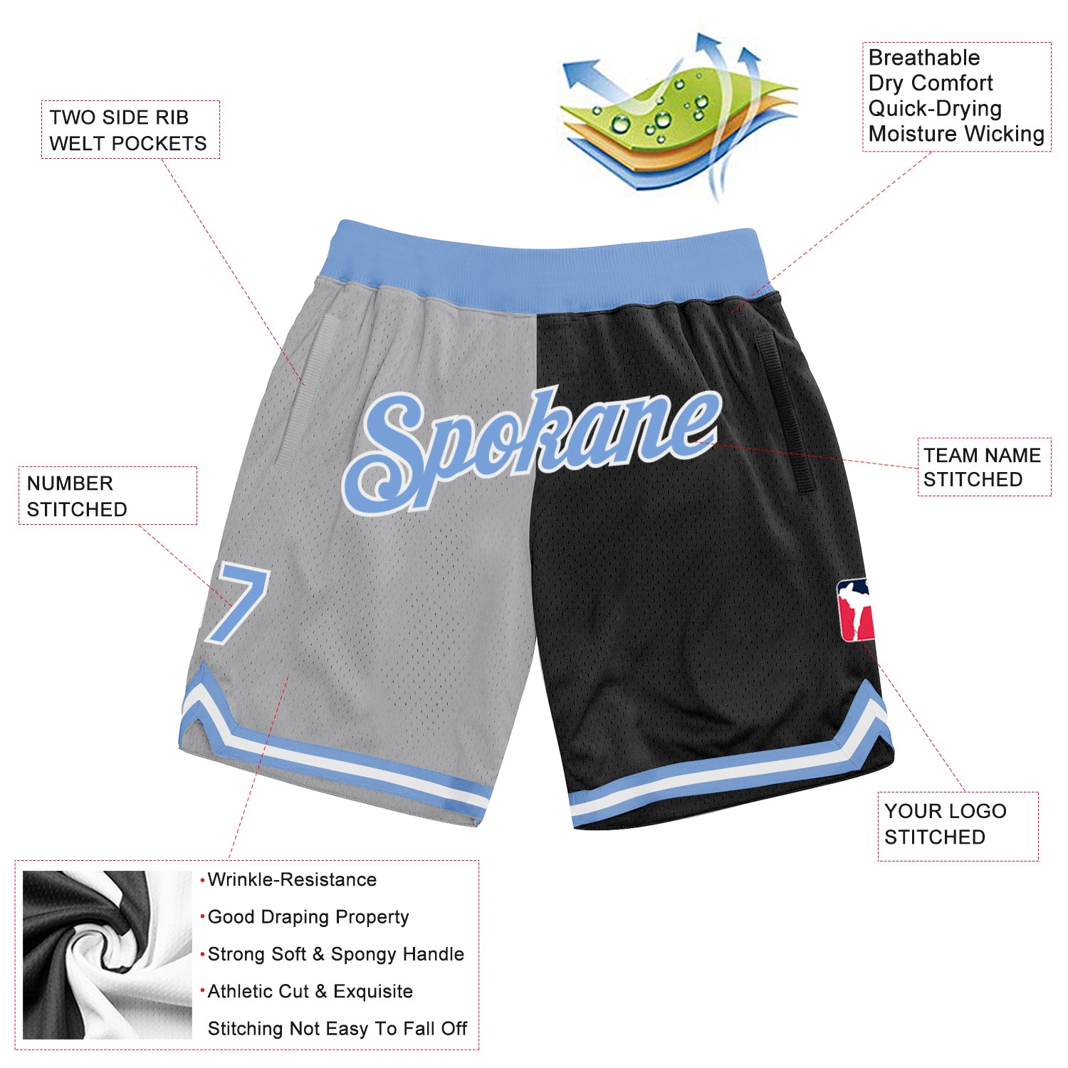 Custom Gray Light Blue-Black Authentic Throwback Split Fashion Shorts - Image 2