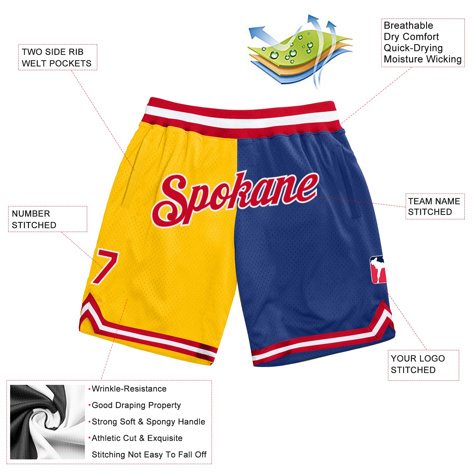 Custom Gold Red-Royal Authentic Throwback Split Fashion Shorts - Image 2
