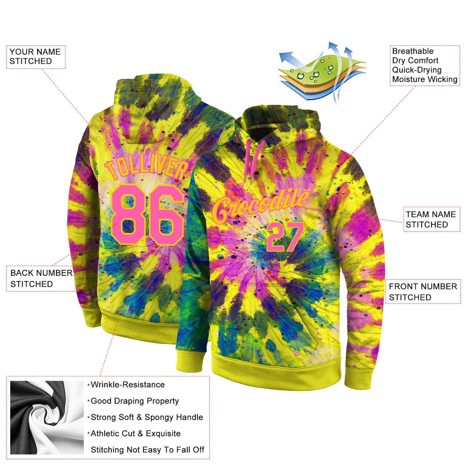 Custom Stitched Tie Dye Pink-Gold 3D Pattern Design Sports Pullover Sweatshirt Hoodie - Image 2
