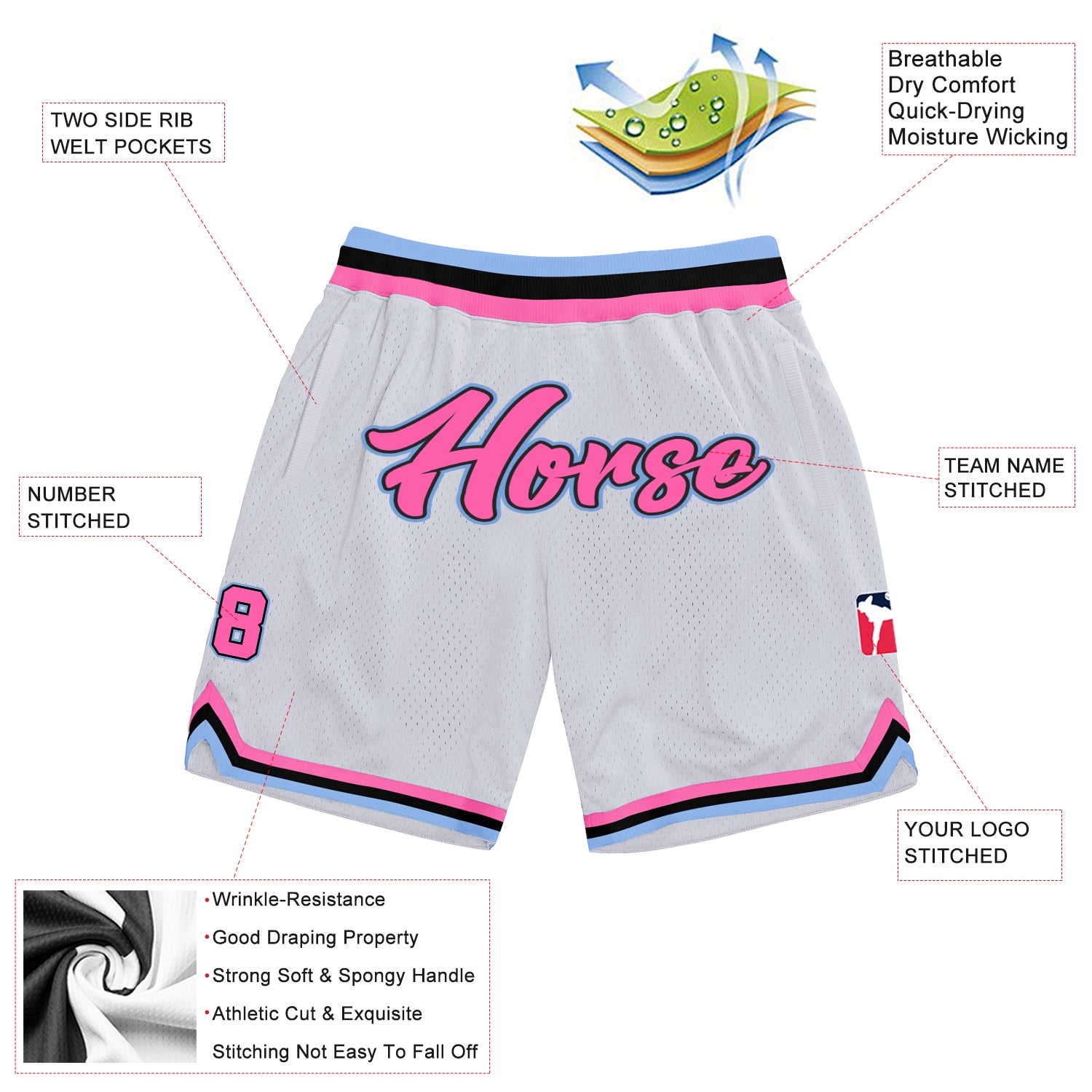 Custom White Pink-Light Blue Authentic Throwback Shorts - Image 2