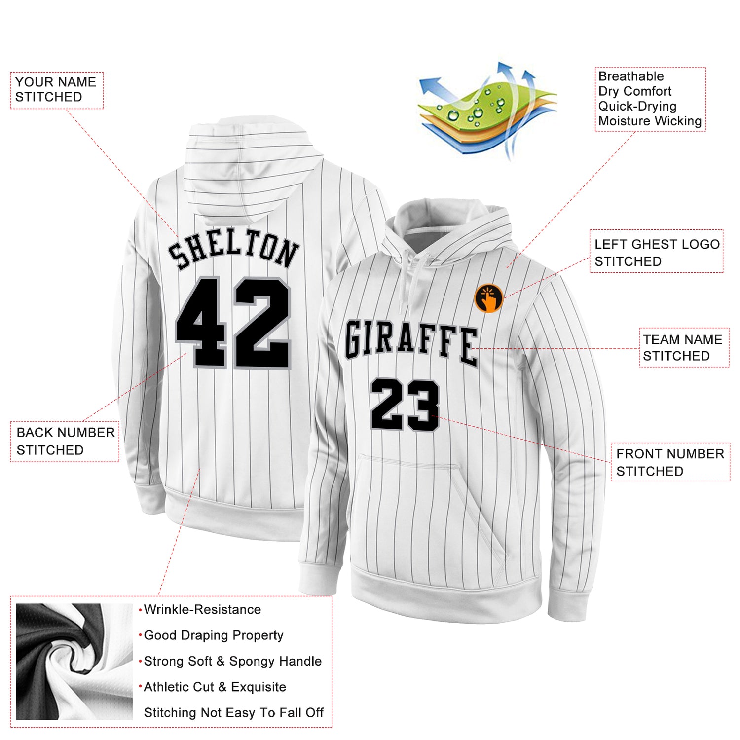 Custom Stitched White Black Pinstripe Black-Gray Sports Pullover Sweatshirt Hoodie - Image 2