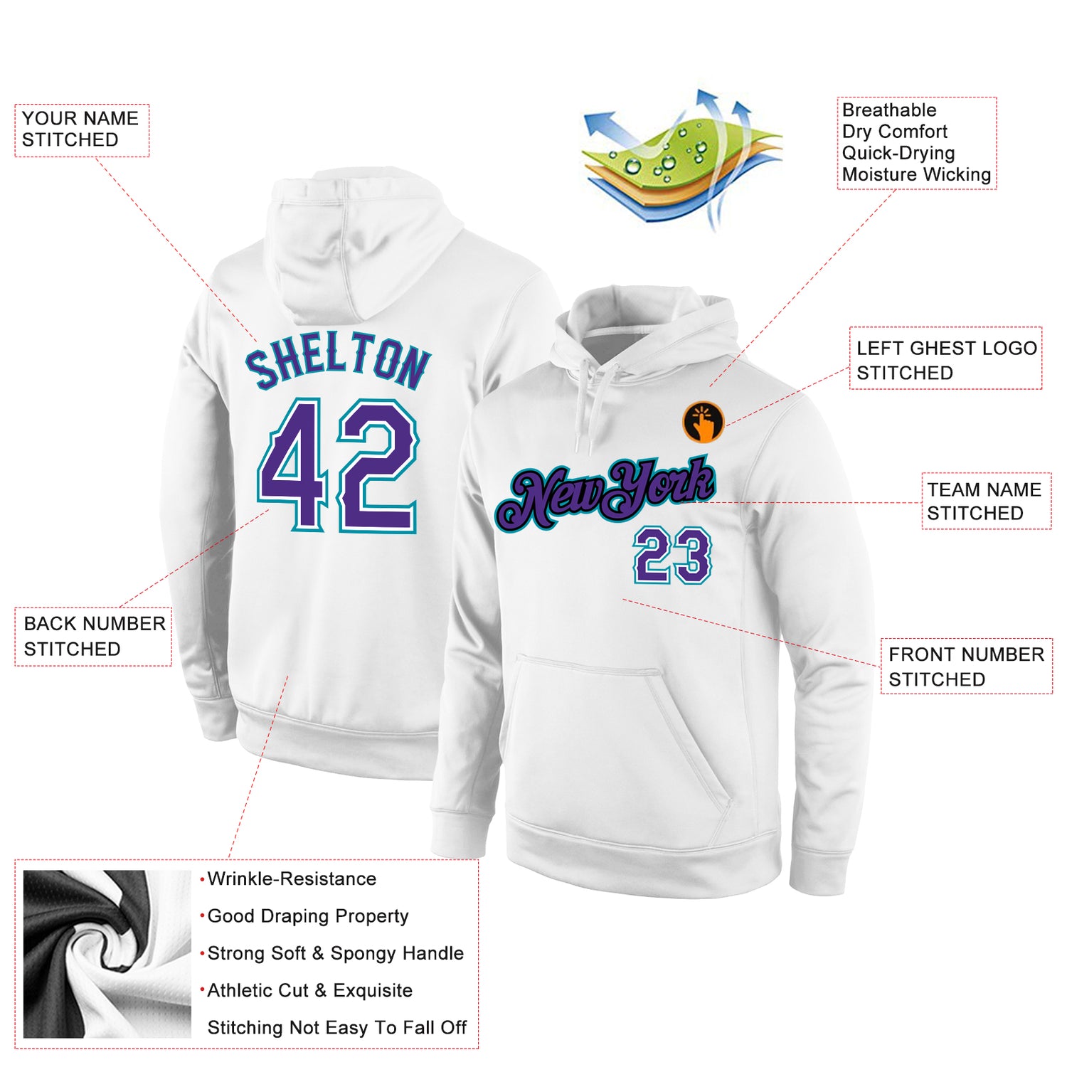 Custom Stitched White Purple-Teal Sports Pullover Sweatshirt Hoodie - Image 2