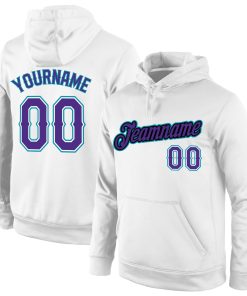 Custom Stitched White Purple-Teal Sports Pullover Sweatshirt Hoodie